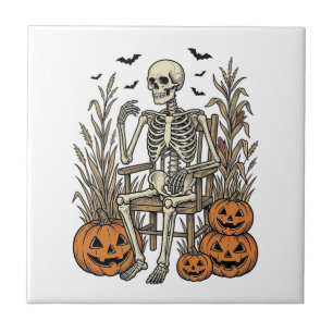 Vintage-Skelett- und Kürbis-Halloween-Shirt Desi Fliese