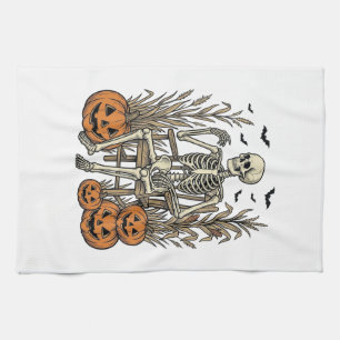 Vintage-Skelett- und Kürbisse-Halloween-Shirt Desi Geschirrtuch