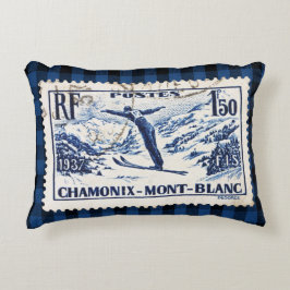 Vintage Ski Chamonix-Mont Blanc Postal Briefmarke Dekokissen