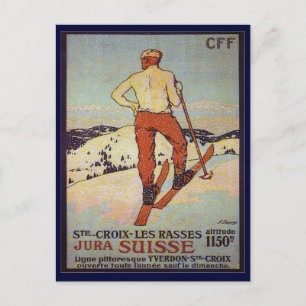 Vintage Skier, St Croix les Rasses, Jura Schweiz Postkarte