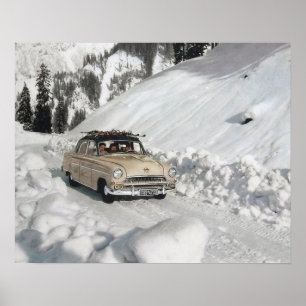 Vintage-Skiplakat, Auto zur Piste Poster