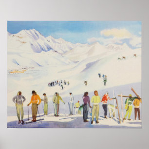 Vintage-Skiplakat, Skifahrer auf dem Berg Poster