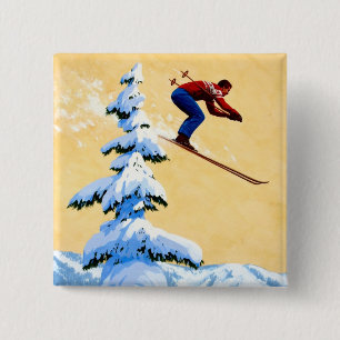 Vintage-Skiplakat, Skispringer und Kiefern Button