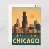Vintage Skyline von Chicago, Segelboot Lake Michig Postkarte (Vorne/Hinten)