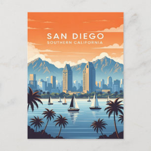 Vintage Skyline von San Diego mit Segelbooten Postkarte