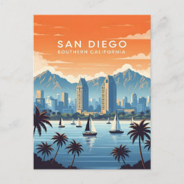 Vintage Skyline von San Diego mit Segelbooten Postkarte