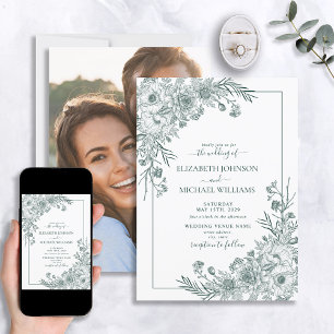 Vintage Smaragd-Blumen-Linienkunst-Foto-Hochzeit Einladung