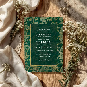 Vintage Smaragd-Pfau-Gold-QR-Code-Hochzeit Einladung