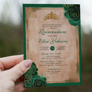 Vintage Smaragdgrün Goldene Rosen Königliche Quinc Einladung