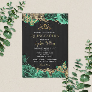 Vintage Smaragdgrüne Rosen Goldspitze Quinceañera Einladung