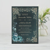 Vintage Smaragdgrüne und goldene Hochzeit Einladung (Stehend Vorderseite)