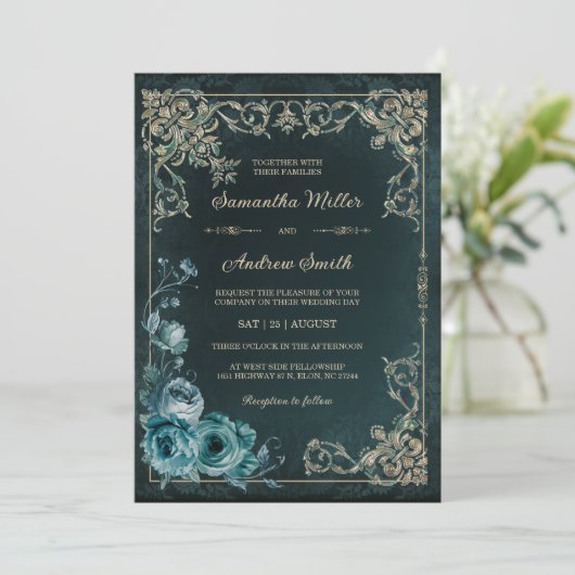 Vintage Smaragdgrüne und goldene Hochzeit Einladung (Stehend Vorderseite)