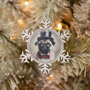 Vintage Smoking Pug Schneeflocken Zinn-Ornament