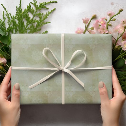 Vintage Smoky Green Faded Handwriting Damask  Geschenkpapier