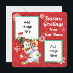 Vintage Snowman-Flachkarte mit eigenen Bildern Feiertagskarte<br><div class="desc">Vintage Snowman-Flat-Card mit eigenen Bildern und Namen</div>