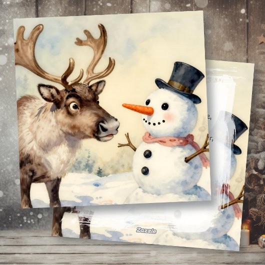Vintage Snowman & Reindeer Personalized Christmas Feiertagskarte