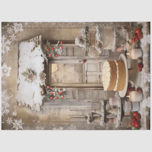 Vintage Snowy Christmas Cake Holiday Decoupage Seidenpapier (Vorderseite)