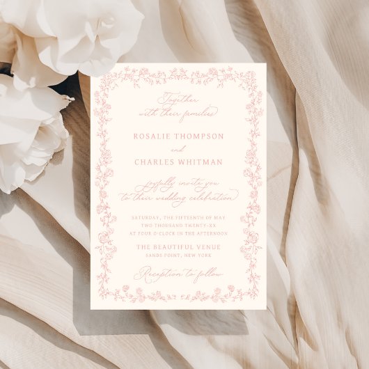 Vintage Soft Blush Roses Frame Wedding Einladung