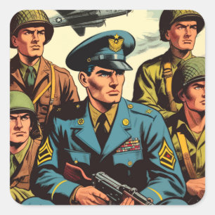 Vintage Soldaten Militärische Comic Quadratischer Aufkleber