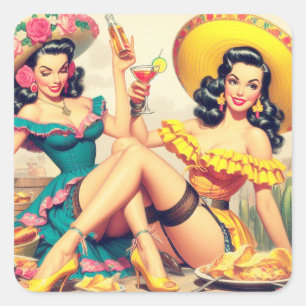 Vintage Sombrero Mädchen Quadratischer Aufkleber