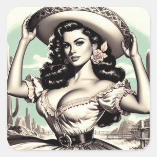 Vintage-Sombrero-Pin-up Quadratischer Aufkleber