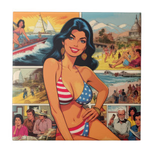 Vintage Sommer-Girl-Comicen Fliese