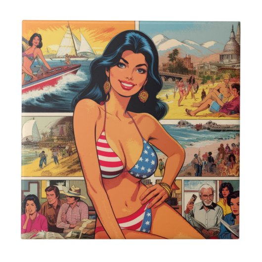 Vintage Sommer-Girl-Comicen Fliese (Vorderseite)
