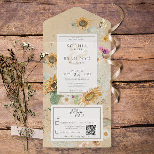 Vintage Sommer Sonnenblume Gelb QR Code All In One Einladung
