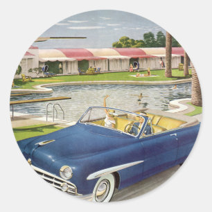 Vintage Sommerferien, Cabrio und Motel Runder Aufkleber