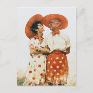 Vintage Sommerpaar in orangen Hüten Postkarte