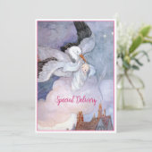 Vintage Sonderauslieferung Storch Babydusche Einladung (Stehend Vorderseite)