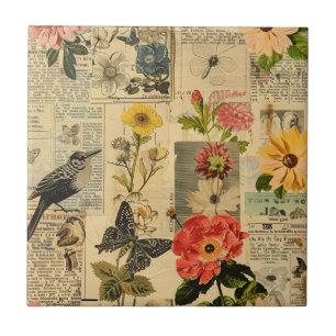 Vintage Songbird Florale Zeitungs-Collage Fliese
