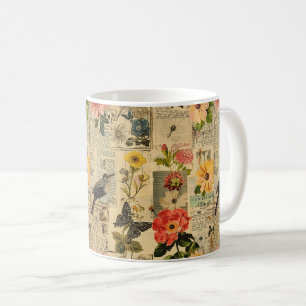 Vintage Songbird Florale Zeitungs-Collage Kaffeetasse