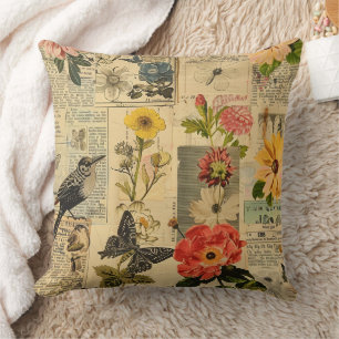 Vintage Songbird Florale Zeitungs-Collage Kissen