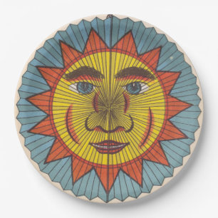 Vintage Sonne mit mildem Gesicht Pappteller