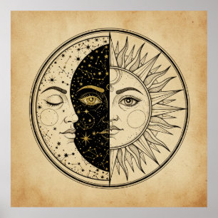 Vintage-Sonne-und-Mond-Tarotkarten-Stil-mystischer Poster