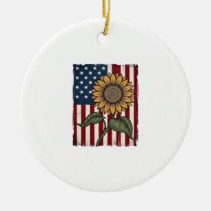 Vintage-Sonnenblume-amerikanische-Flagge Keramik Ornament