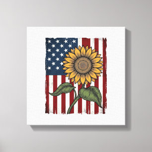 Vintage-Sonnenblume-amerikanische Flagge Leinwanddruck