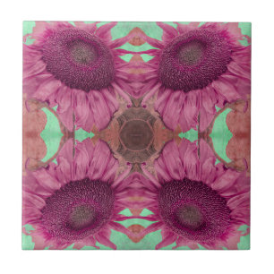 Vintage-Sonnenblume Art Nouveau Rosa Grün Floral Fliese