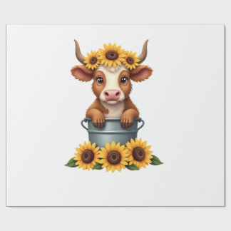 Vintage-Sonnenblume Highland-Kuh in Eimer Floral F Geschenkpapier