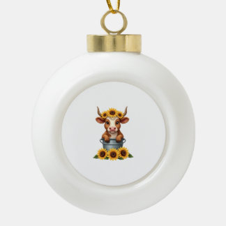 Vintage-Sonnenblume Highland-Kuh in Eimer Floral F Keramik Kugel-Ornament