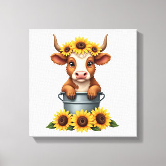 Vintage-Sonnenblume Highland-Kuh in Eimer Floral F Leinwanddruck