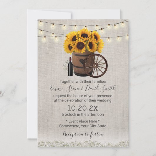 Vintage Sonnenblume Holzfass Rustikale Hochzeit Einladung (Vorderseite)