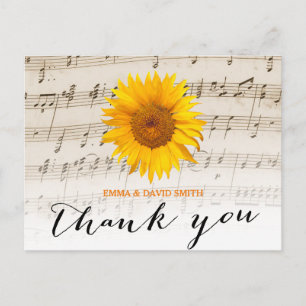 Vintage-Sonnenblume & Notenblatt Hochzeit Danke Postkarte