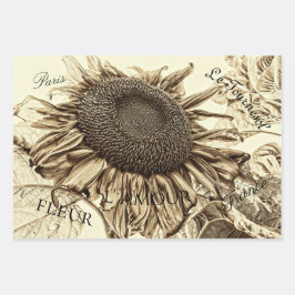 Vintage Sonnenblume Sepia Tone Alte Skriptdekoupag Geschenkpapier Set