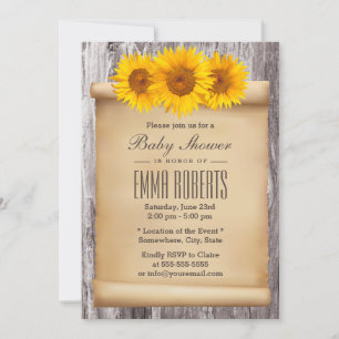 Vintage-Sonnenblumen alte Schrift Holz Baby Shower Einladung