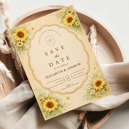 Vintage-Sonnenblumen-Gartenhochzeit Save The Date