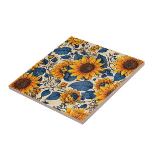 Vintage-Sonnenblumen-Keramikfliese in Marineblau Fliese