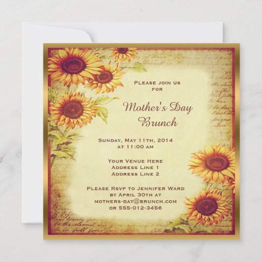 Vintage Sonnenblumen Muttertag Brunch Einladung (Rückseite)