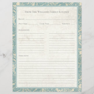 Vintage-Sonnenblumen-Rezeptpapierblatt in Hellblau
